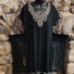 Pink Rose Black Tunic Top with Taupe Rosette Neck